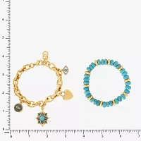 JS Jessica Simpson Gold Tone 2-pc. Turquoise 7.5 Inch Link Heart Bracelet Set