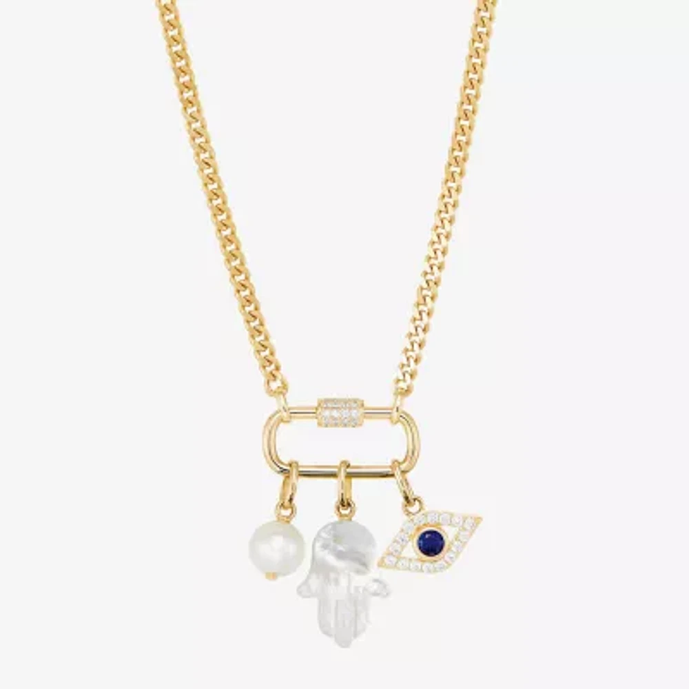 Womens White Cultured Freshwater Pearl 14K Gold Over Silver Evil Eye Hamsa Pendant Necklaces