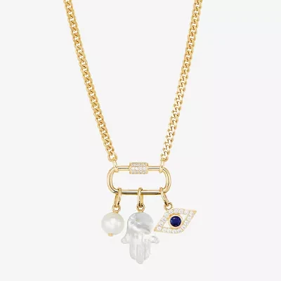 Womens White Cultured Freshwater Pearl 14K Gold Over Silver Evil Eye Hamsa Pendant Necklaces