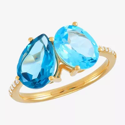 Womens Diamond Accent Genuine Blue Topaz 14K Gold Oval Pear Cocktail Ring