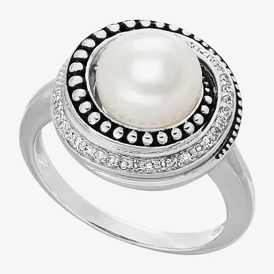 Womens 1/8 CT. T.W. 8.5MM White Cultured Freshwater Pearl Sterling Silver Round Cocktail Ring