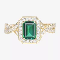 Yes Please! Womens Lab Created Green Emerald 14K Gold Over Silver Halo Side Stone Cocktail Ring