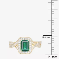 Yes Please! Womens Lab Created Green Emerald 14K Gold Over Silver Halo Side Stone Cocktail Ring