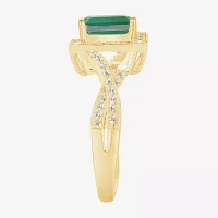 Yes Please! Womens Lab Created Green Emerald 14K Gold Over Silver Halo Side Stone Cocktail Ring