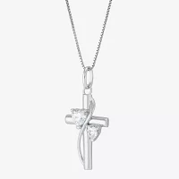 Womens White Cubic Zirconia Sterling Silver Cross Heart Pendant Necklace