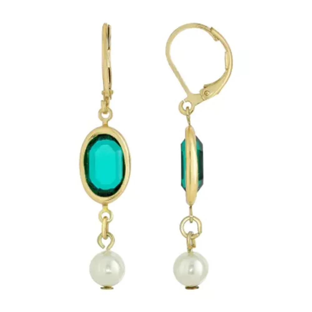 1928 Gold Tone Green Drop Earrings