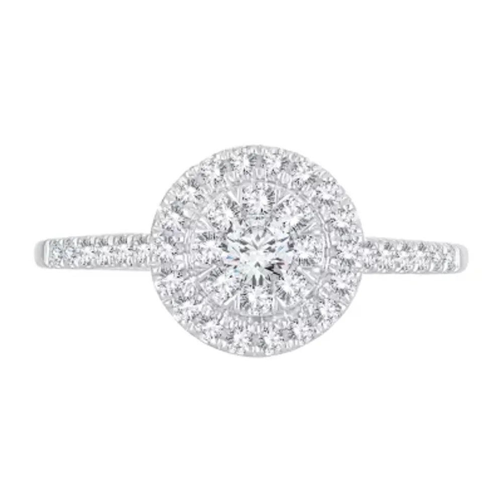 Womens 1/ CT. T.W. Natural White Diamond 14K Gold Round Side Stone Halo Engagement Ring