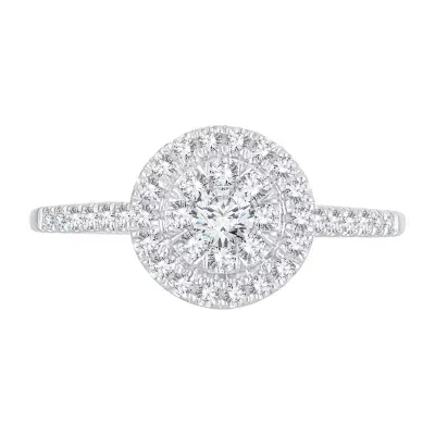 Womens 1/2 CT. T.W. Natural White Diamond 14K Gold Round Side Stone Halo Engagement Ring