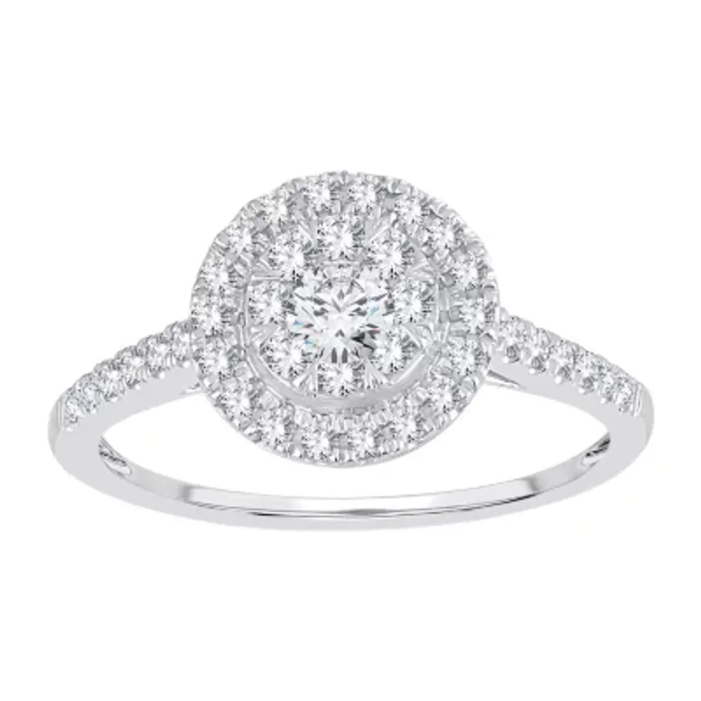Womens 1/ CT. T.W. Mined White Diamond 14K Gold Round Side Stone Halo Engagement Ring