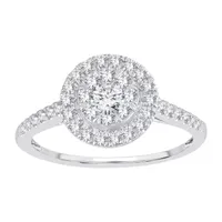 Womens 1/ CT. T.W. Natural White Diamond 14K Gold Round Side Stone Halo Engagement Ring