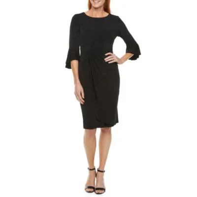 Connected Apparel Petite 3/4 Bell Sleeve Sheath Dress