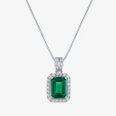 Womens Lab Created Green Emerald Sterling Silver Pendant Necklace