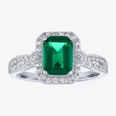 Womens Lab Created Green Emerald Sterling Silver Cocktail Ring