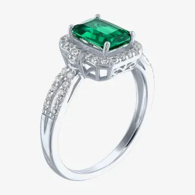 Womens Genuine Green Emerald Sterling Silver Cocktail Ring