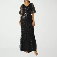 Rene by Ruiz Collection Womens Elbow Sleeve Embroidered Evening Gown