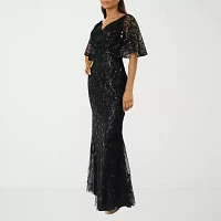 Rene by Ruiz Collection Womens Elbow Sleeve Embroidered Evening Gown