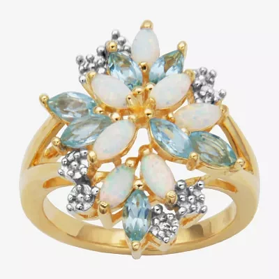 Womens Genuine White Opal 18K Gold Over Silver Flower 3-Stone Cocktail Ring