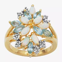 Womens Genuine White Opal 18K Gold Over Silver Flower 3-Stone Cocktail Ring