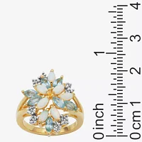 Womens Genuine White Opal 18K Gold Over Silver Flower 3-Stone Cocktail Ring