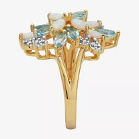 Womens Genuine White Opal 18K Gold Over Silver Flower 3-Stone Cocktail Ring