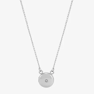 Womens White Crystal Sterling Silver Round Locket Necklace