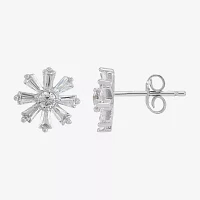 White Cubic Zirconia Sterling Silver 9.4mm Flower Stud Earrings