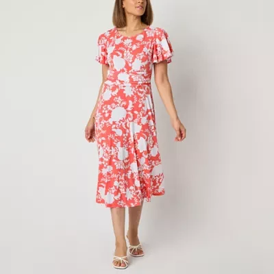 Perceptions Womens Short Sleeve Floral Midi Fit + Flare Dress