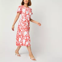 Perceptions Womens Short Sleeve Floral Midi Fit + Flare Dress