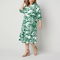 52seven Womens 3/4 Sleeve Floral Midi Fit + Flare Dress Plus