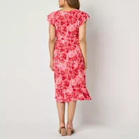 Perceptions Womens Short Sleeve Floral Midi Fit + Flare Dress Petite