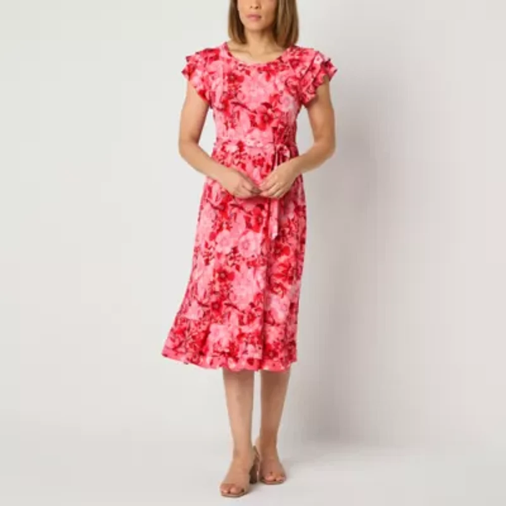 Perceptions Womens Short Sleeve Floral Midi Fit + Flare Dress Petite