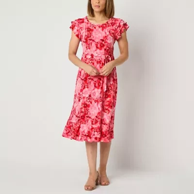 Perceptions Womens Short Sleeve Floral Midi Fit + Flare Dress Petite