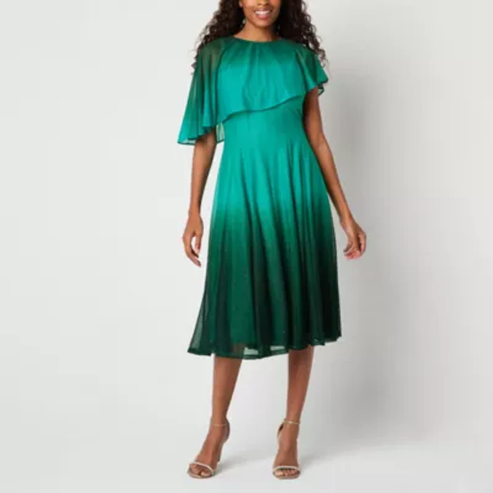 Danny & Nicole Womens Short Sleeve Ombre Midi Cape Fit + Flare Dress