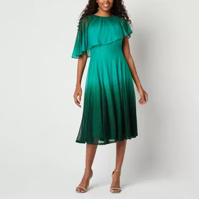 Danny & Nicole Womens Short Sleeve Ombre Midi Cape Fit + Flare Dress