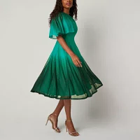 Danny & Nicole Womens Short Sleeve Ombre Midi Cape Fit + Flare Dress