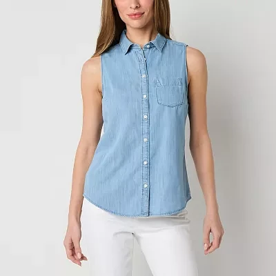 St. John's Bay Tall Womens Sleeveless Regular Fit Button-Down Shirt