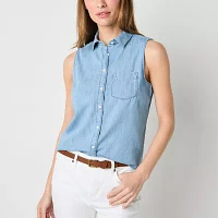 St. John's Bay Tall Womens Sleeveless Regular Fit Button-Down Shirt