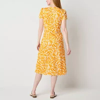 Liz Claiborne Womens Short Sleeve Floral Midi A-Line Dress
