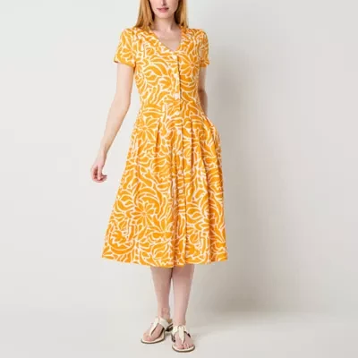 Liz Claiborne Womens Short Sleeve Floral Midi A-Line Dress