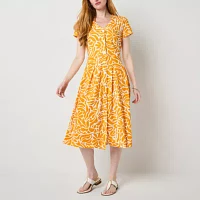 Liz Claiborne Womens Short Sleeve Floral Midi A-Line Dress