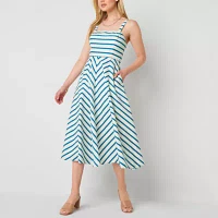 Danny & Nicole Womens Sleeveless Striped Midi Fit + Flare Dress