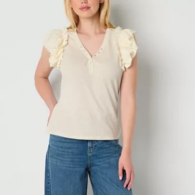 Frye and Co. Womens Y Neck Short Sleeve Blouse
