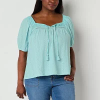Frye and Co. Plus Womens Square Neck Short Sleeve Blouse