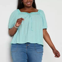 Frye and Co. Plus Womens Square Neck Short Sleeve Blouse