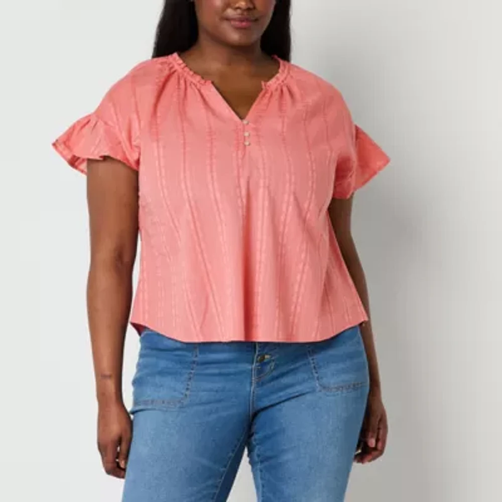 Frye and Co. Plus Womens Y Neck Short Sleeve Blouse
