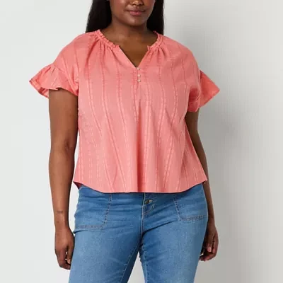 Frye and Co. Plus Womens Y Neck Short Sleeve Blouse