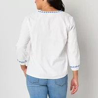St. John's Bay Womens Split Crew Neck Long Sleeve Embroidered Blouse