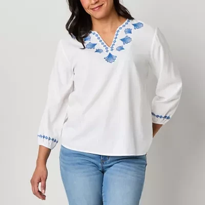 St. John's Bay Womens Split Crew Neck Long Sleeve Embroidered Blouse