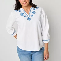 St. John's Bay Womens Split Crew Neck Long Sleeve Embroidered Blouse