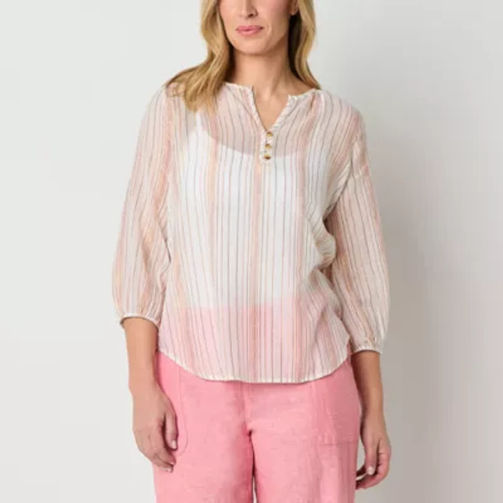 Liz Claiborne Womens Split Crew Neck 3/4 Sleeve Blouse